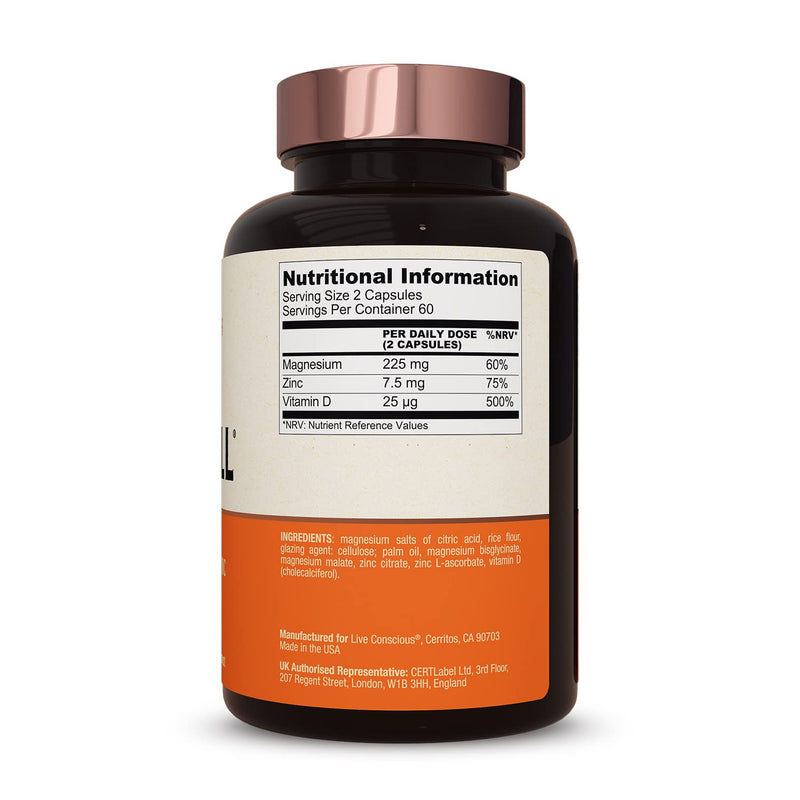 Live Conscious Magnesium Zinc & Vitamin D3 - Bioavailable Forms of Magnesium - Malate, Glycinate, Citrate - MagWell Bone & Heart Health, Immune System Support - 120 Capsules (2-Pack) 120 Count (Pack of 2)