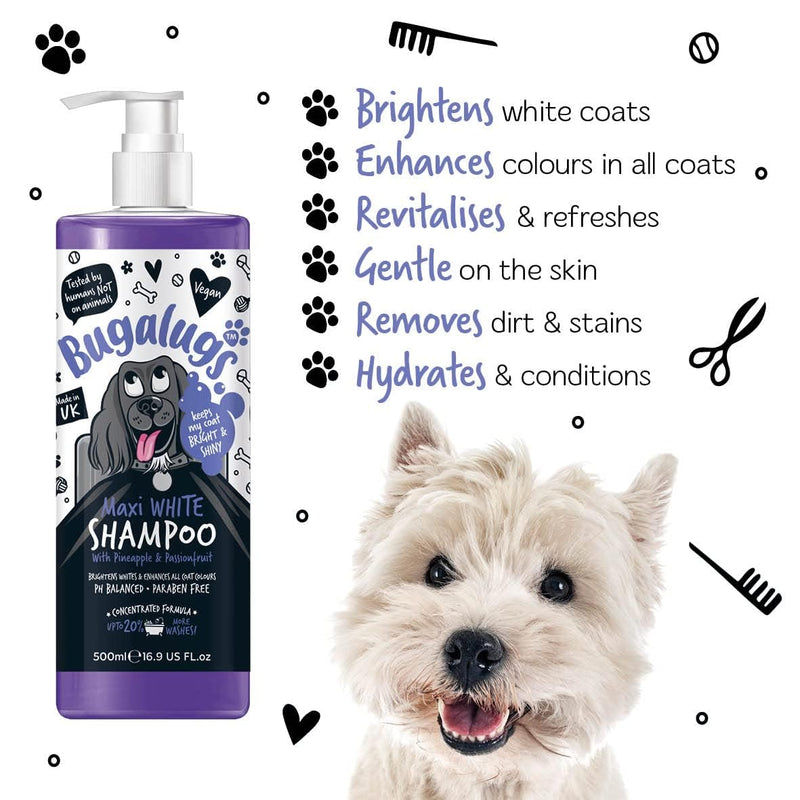 BUGALUGS dog shampoo Maxi White brightening dog shampoo with balanced pH value vegan all coat types 500 ml - BeesActive Australia