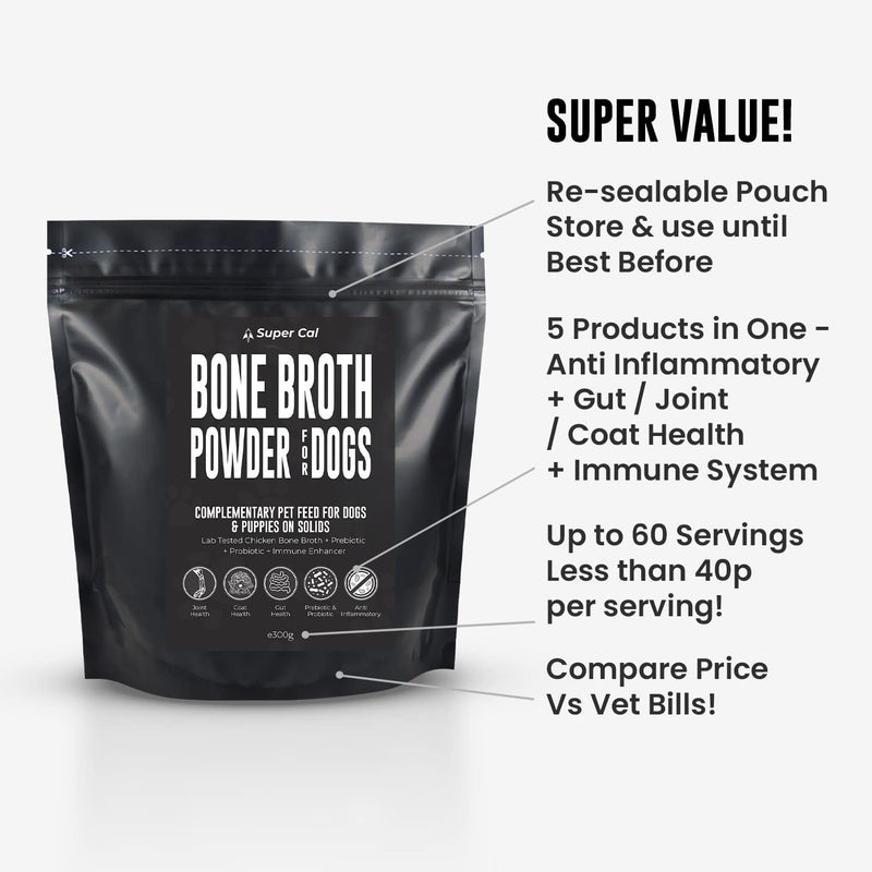 Super Cal Chicken Bone Broth for Dogs with 5 Active Ingredients – Probiotics, Prebiotics, Joint Support – Dog Gravy Granules - 60 Servings (300g)