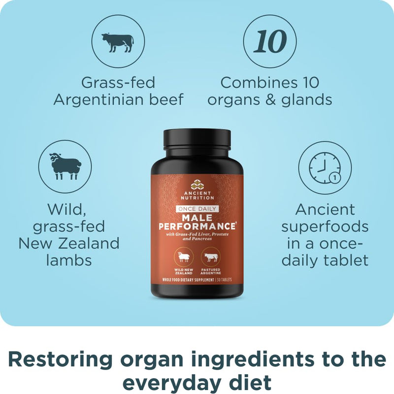 Ancient Nutrition Grass-Fed & Wild Male Performance Tablets, Once Daily | Liver, Prostate, Pancreas Supports Male Performance, Healthy Aging, 30 Count Once Daily Male Performance