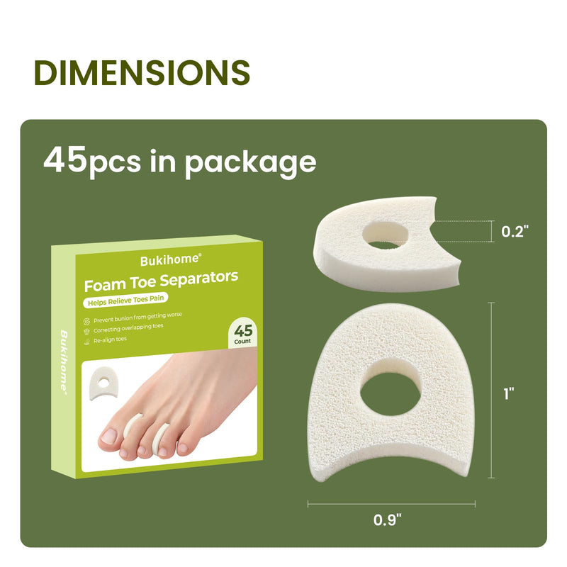 Bukihome 45 Pack Foam Toe Separators,Breathable Toe Spacers, Reduce Friction and Relieve Corns Pain, Overlapping Toes Corrector - (White) White 45 Count(Pack of 1)