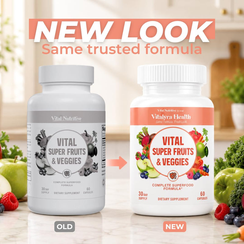VITAL NUTRITIVE Super Fruits & Veggies -2-in-1 Fruit & Vegetable Supplement | Daily Superfood for Adults, Supports Immunity, Energy & Overall Wellness, Whole-Food Blend, Non-GMO 120 days 60 Count (Pack of 2)