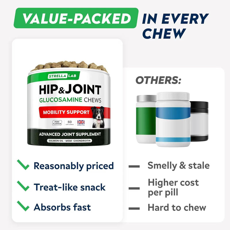 STRELLALAB Glucosamine Treats for Dogs - Joint Supplement w/Omega-3 Fish Oil - Chondroitin, MSM - Advanced Mobility Chews - Hip & Joint Care - 60 Chews Lamb