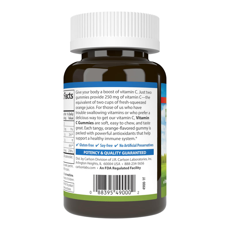 Carlson Vitamin C Gummies, 250 mg, Optimal Wellness, 60 Vegetarian Gummies | Orange; Non-GMO