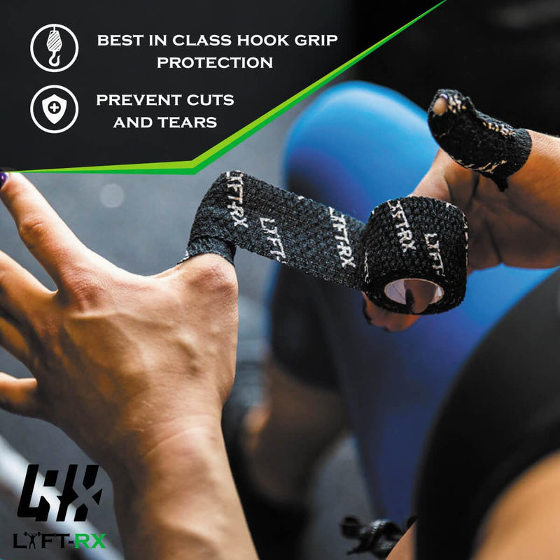 Weightlifting Hook Grip Tape w/Premium Adhesive for Olympic Weight Lift, Cross Fitness, Lifting, Stretch Athletic Finger Wrap, Protects Thumb Fingers Hand, Enhances Grip 6 ROLL Black 1.5 inch - BeesActive Australia