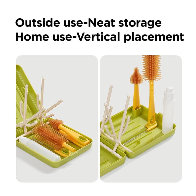 Travel Bottle Brush, Travel Bottle Cleaner Kit with Foldable Bottle Drying Rack, for Visit Friends and Relations, Baby Travel Essentials, BPA Free, Green - BeesActive Australia