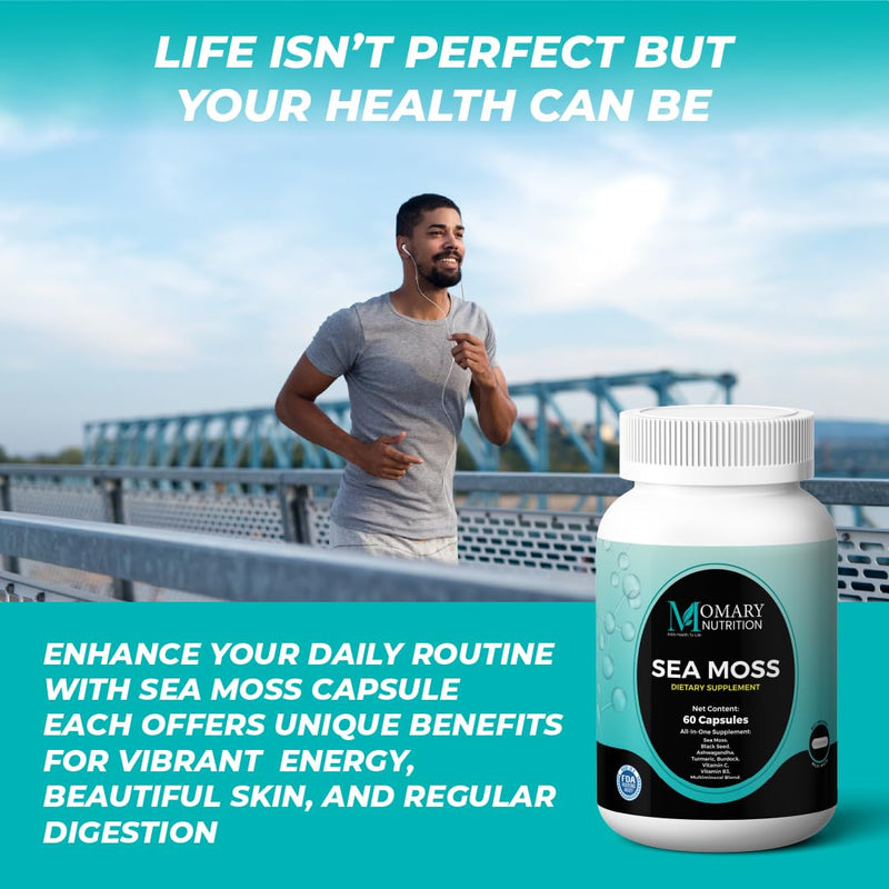 Sea Moss, Black Seed, Ashwagandha, Turmeric, Burdock, Vitamin C, Vitamin B3, Multimineral Blend, All-in-One Supplement for Men and Women, Vegan, Gluten Free, Non-GMO, 60 Capsules