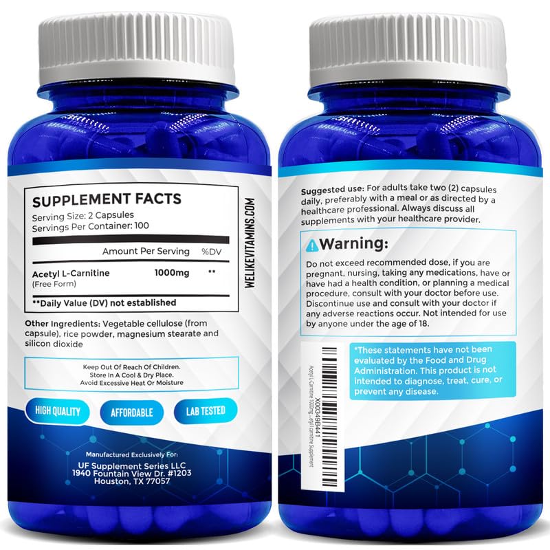 We Like Vitamins Acetyl L-Carnitine 1000mg Capsules - 200 Easy to Swallow Veggie Capsules - Acetyl l Carnitine Supplement Helps Support Focus, Brain Function, and Energy 200 Count (Pack of 1)