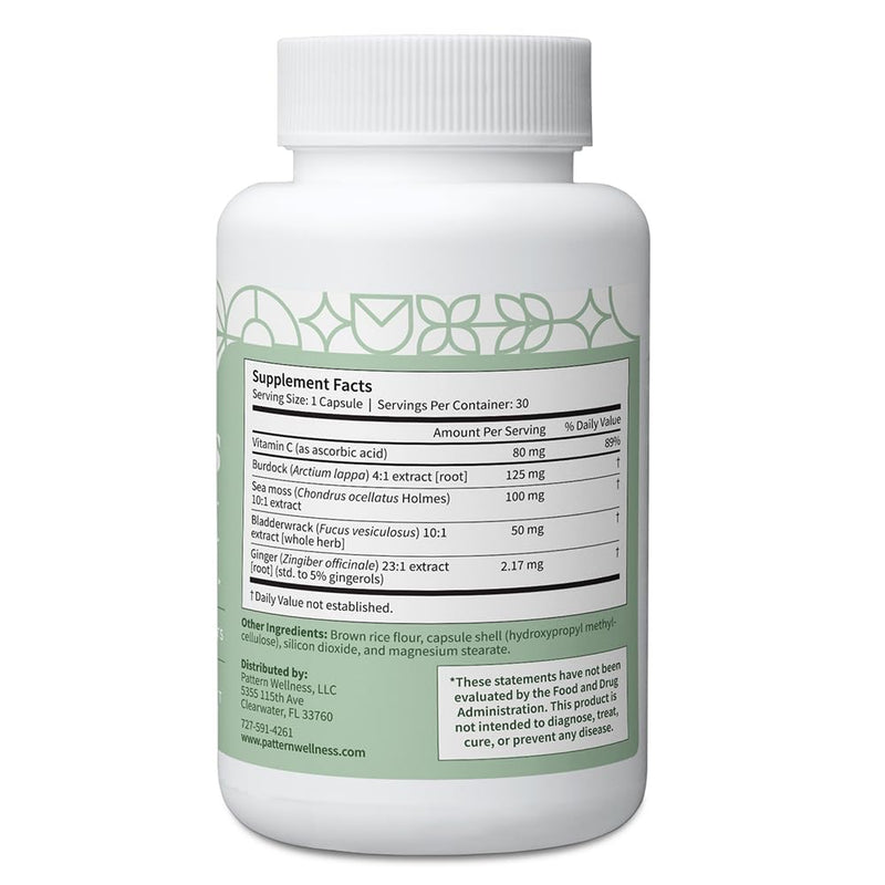 Pattern Wellness Sea Moss Complex Supplement – 30 Capsules | Sea Moss, Burdock Root, Bladderwrack, Vitamin C & Ginger – Supports Immune & Digestive Health – Vegan, Non-GMO 30 Count (Pack of 1)