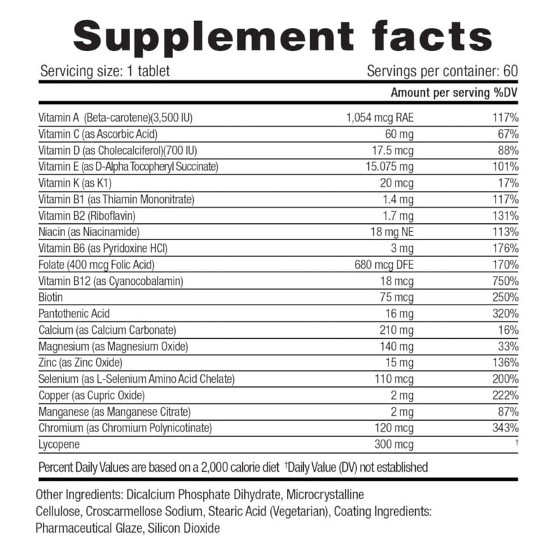 Herbolab Once Daily Multivitamin - 20 Vitamins & Minerals - 60 Tablets | One Tablet Daily, 2 Month Supply, Includes Lycopene, For Men & Women