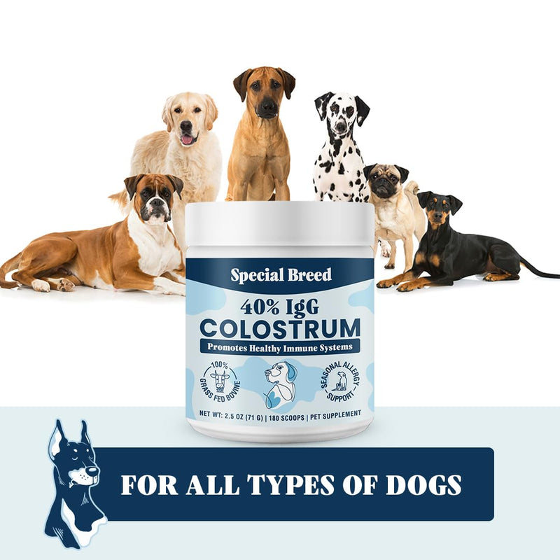 40% IgG Grass Fed Colostrum for Dogs, Third Party Tested High Potency Colostrum Powder, Immune Support, Prebiotic Gut Health, Seasonal Allergy and Itch Relief, Made in USA, 2.5 Oz Bovine 40% IgG 180 Scoops
