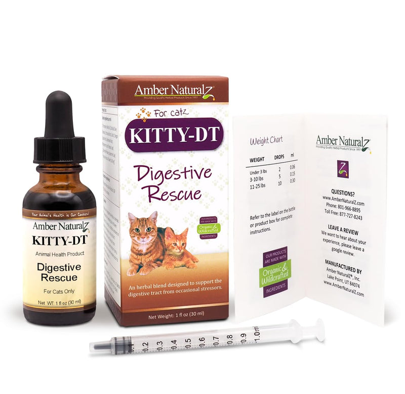 AMBER NATURALZ Kitty-DT Digestive Rescue Herbal Supplement for Cats | Feline Herbal Supplement for Occasional Upset and Digestive Support | 1 Fluid Ounce Glass Bottle | Manufactured in The USA - BeesActive Australia