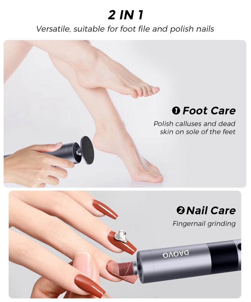 Electric Foot Callus Remover, 2-in-1 Cordless Pedicure Tools for Feet and Nail File with 80PCS Sandpaper Discs(3 Sizes), Aluminum Body with Adjustable Speed for Dead Skin, Cracked Heels & Home Carbonblack - BeesActive Australia