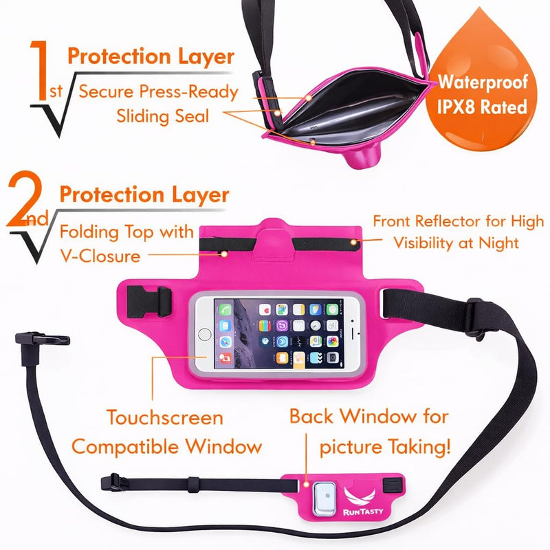 Ultimate Pink Waterproof Running Swimming Belt: Phone & Essentials Holder for Gym, Beach, Kayaking, Ski! Fits iPhone, Samsung - Touchscreen, IPX8 Rated Dry Waist Pouch - Adventure-Ready Performance! Hot Pink - BeesActive Australia