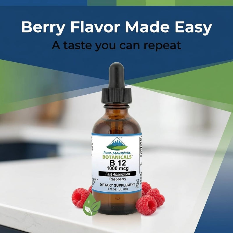 Pure Mountain Botanicals B12 1000 mcg - B12 Complex - Natural Berry Flavor - 30 Servings - Liquid Drops Vitamin - Kosher Supplement 1 Fl Oz (Pack of 1)
