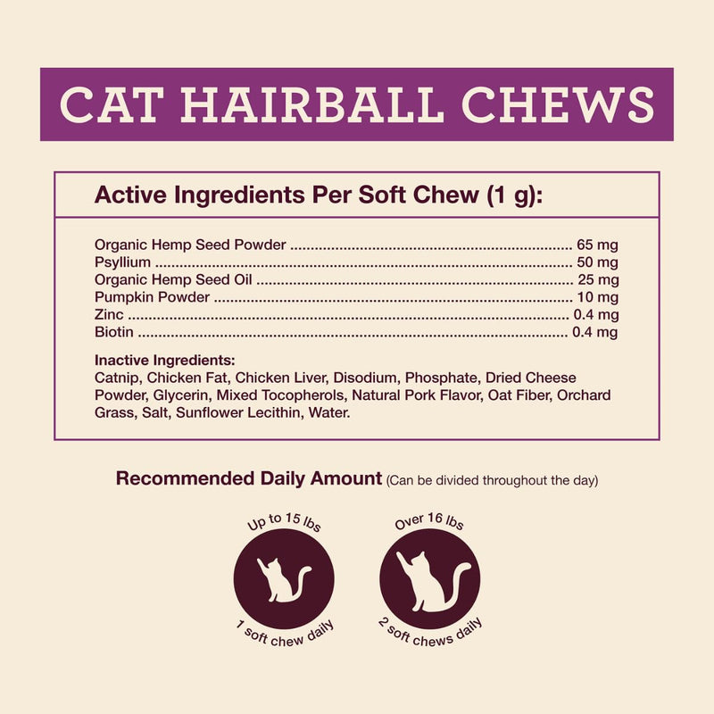 Hemp Well Cat Hairball Soft Chews for Cats, Hairball Control & Digestive Support, Organic Hemp Seed Powder, Pumpkin Seed & Psyllium Fiber, Skin & Coat Support, Chicken Cheese & Catnip Flavor, 120 Ct 120 Soft Chews