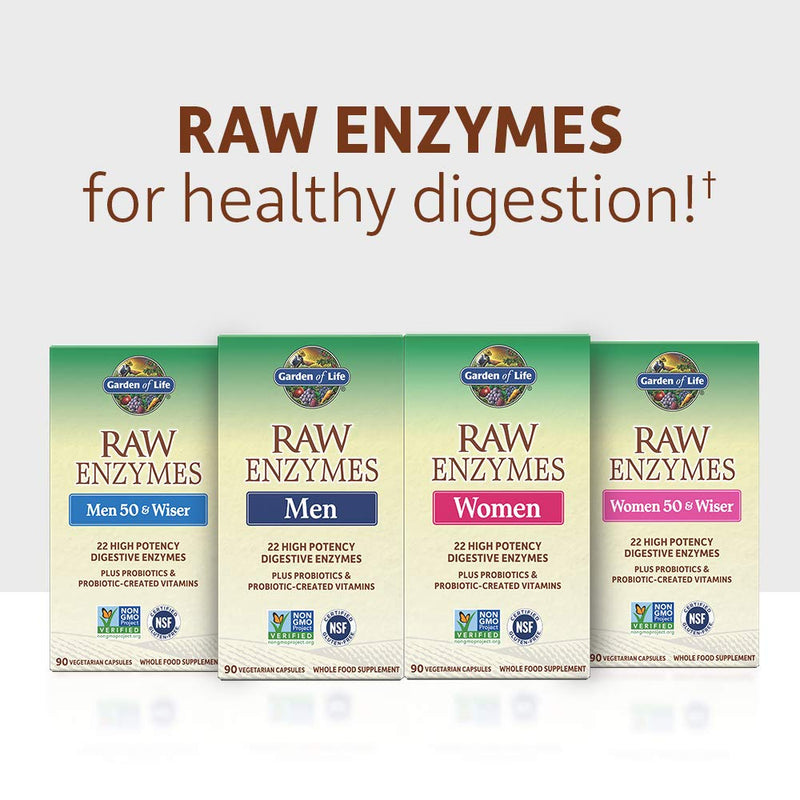Garden of Life 22 Digestive Enzymes for Women 50 & Over with Bromelain, Papain & Lactase plus Probiotics & Vitamins B12, Biotin & Zinc – RAW Enzymes – Non-GMO, Gluten-Free, Vegetarian, 90 capsules | Digestive Enzymes for Women with Probiotics, Bromelai...