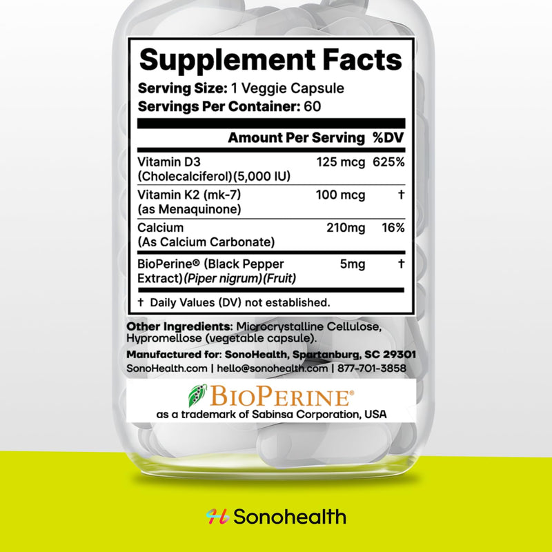 Vitamin D3 + K2 with BioPerine – High Absorption 3-in-1 Formula – Vegan-Friendly, Non-GMO, Gluten-Free – Supports Bone, Heart, and Immune Health – 60 Capsule 1 Count (Pack of 60)