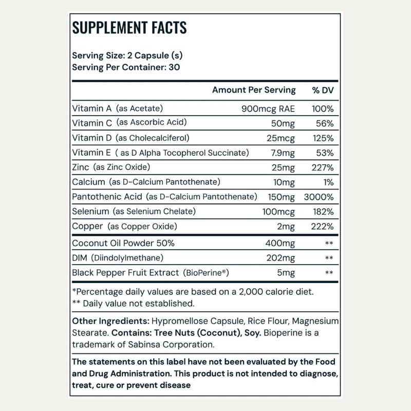 Skin Support Supplement with DIM, Zinc, Vitamins A C D E and Selenium