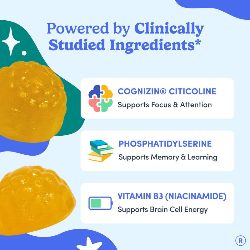Teen Focus Gummies with Cognizin Citicoline, PS & Vitamin B3 for Ages 13-18 | Brain gummies for teens with Cognizin® citicoline and phosphatidylserine; caffeine-free choline gummies for focus and memory