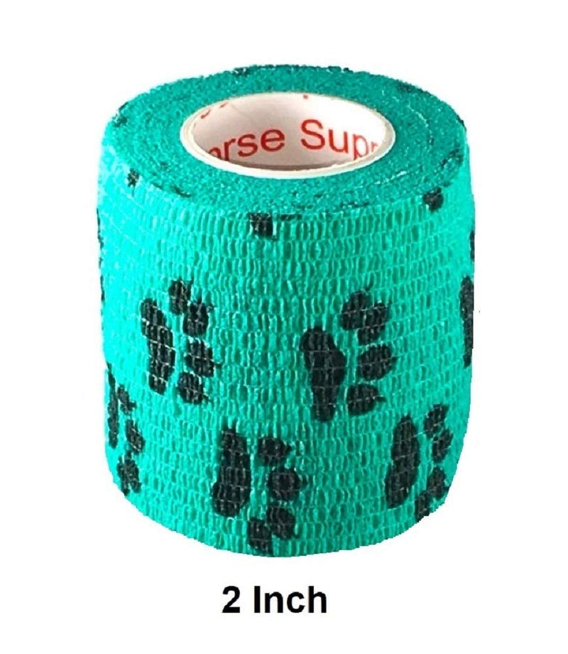 Vet Wrap Wrap Tape (Teal with Paw Prints) (2 Pack) (2 Inch x 15 feet) Self Adhesive Adherent Adhering Cohesive Flex Self Stick Bandage Grip Roll Dog Cat Pet Horse 2 Inch 2 PACK Teal With Black Paws - BeesActive Australia