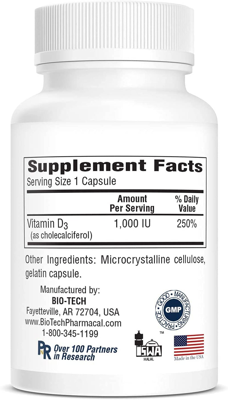 Bio-Tech Pharmacal D3 (1,000 IU), 250 Capsules – All-Natural Supplement – Supports Bone & Immune Health – No Dairy, Fish, Gluten, Peanut, Shellfish, & Soy – No Artificial Colors Standard Packaging