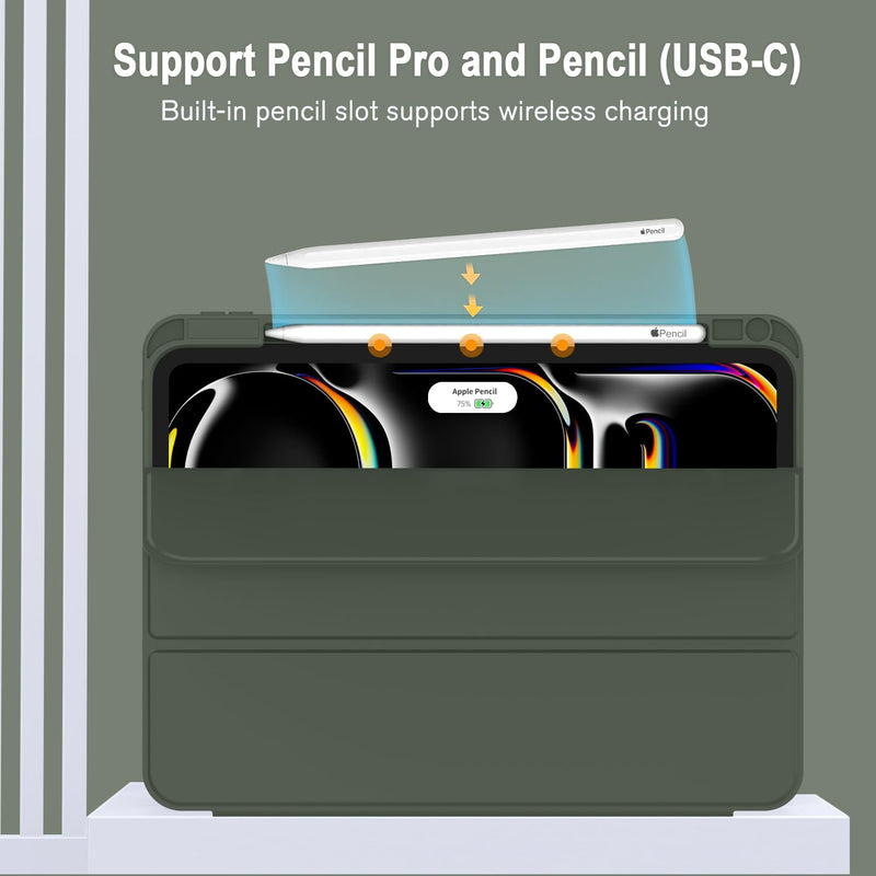 ZryXal New iPad Pro 13 Inch Case M4 (2024 Model, 7th Generation) with Pencil Holder, Smart iPad Case [Support Pencil Pro and Pencil (USB-C)], Support Touch ID and Auto Wake/Sleep (Dark Green) Dark Green - BeesActive Australia
