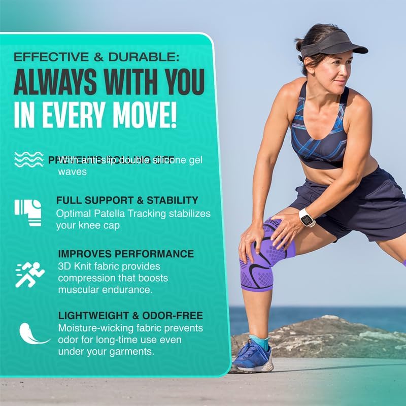 Modvel Compression Knee Brace for Women & Men - 2 Pack Knee Brace for Women Running Knee Pain, Knee Support Sleeve, Workout Sports Braces for Meniscus Tear ACL & Arthritis Pain Relief Purple XXX-Large