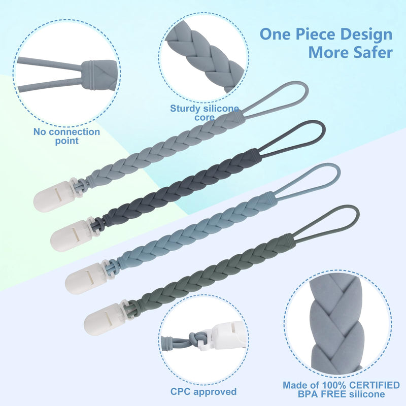 Stylish Silicone Pacifier Clips 4-Pack for Baby Boys and Girls, Woven Rope Flexible Design, Rust-Free Holders for Teething Relief and Baby Essentials, Safe for Newborns (Grey) 4-Pack Weave, Grey