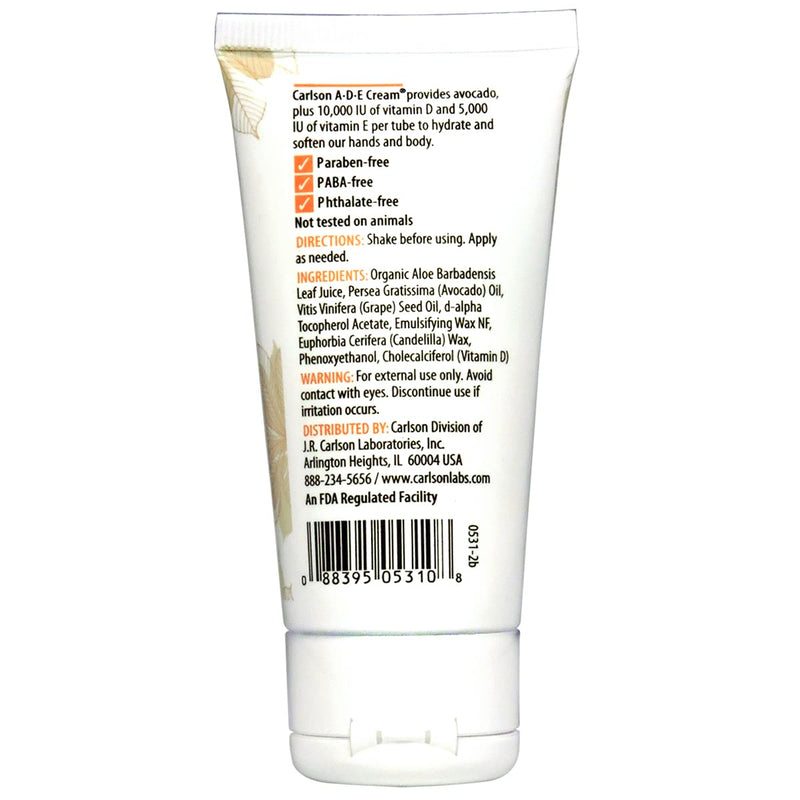 Carlson ADE Hand and Body Cream, 10000 IU (250 mg), Vitamin D, 2 oz | Unscented; 5000 IU (3350 mg) Vitamin E; Avocado Oil 2 Ounce (Pack of 1)