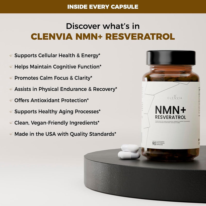 Premium NMN Supplement with Resveratrol – High Potency NAD+ Support Formula – >99.7% Purity – Third-Party Tested – Made in USA – 500mg Nicotinamide + 100mg Resveratrol – 90 Capsules
