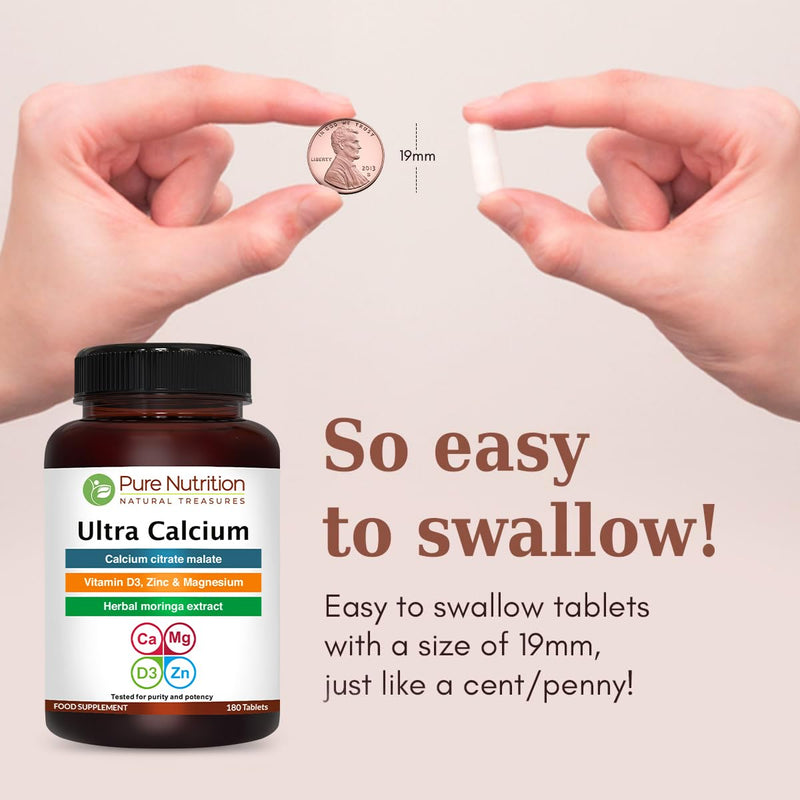Pure Nutrition Ultra Calcium Citrate 1000mg Highly absorbable Calcium Supplement with Calcium Citrate Malate, Vitamin D, Zinc and Magnesium - 1 Tablet Daily (180 Veg Tabs) Non-GMO | Gluten-Free 1 Count (Pack of 1)