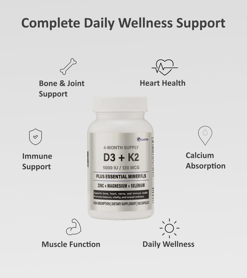 Vitamin D3 + K2 Complex with Zinc, Magnesium & Selenium | Immune, Heart, Bone, Energy & Stress Support | Relaxation & Sleep Aid | 5000 IU D3 + MK-7