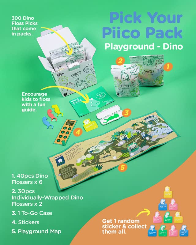 Piico Unflavored Kids Floss - No Fluoride Dual Line Dental Floss Picks - Fun Oral Care in Colorful Floss Sticks Design - Flossers Prevent Tooth Decay & Gum Disease - 300 Playground Dino & Travel Case Dino Playground