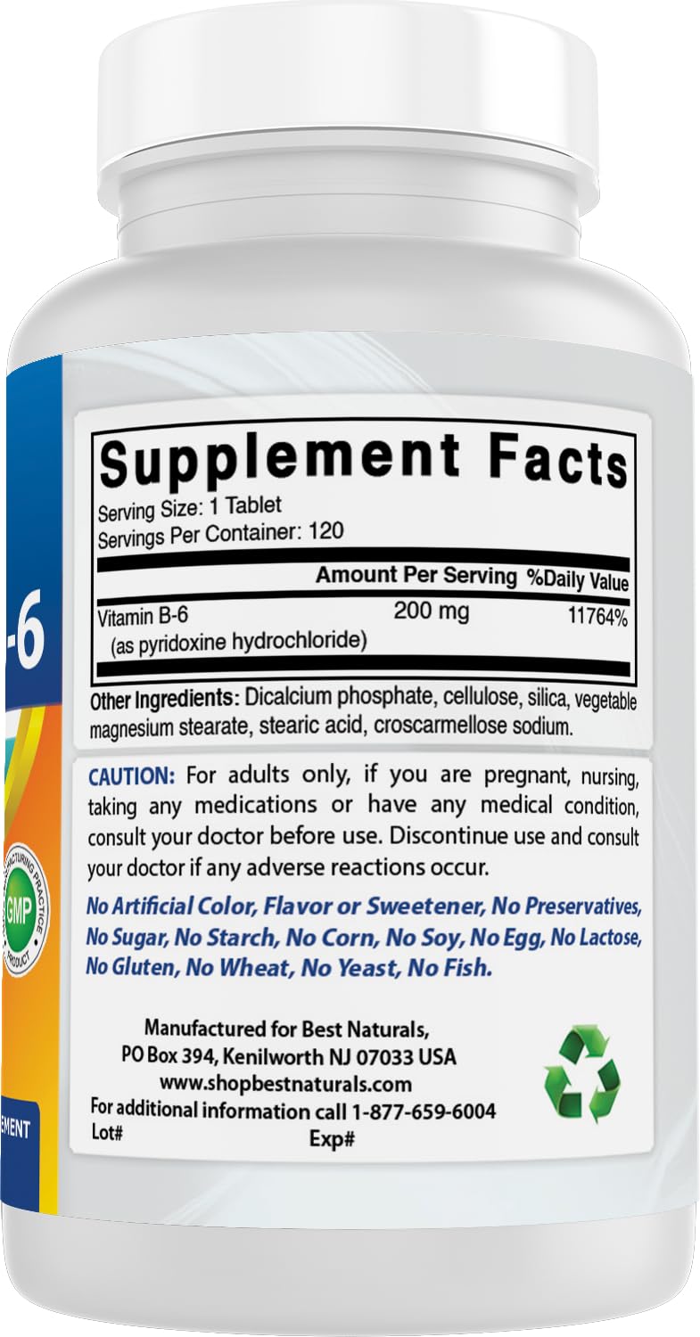 Best Naturals Vitamin b6 200mg for Adults, 120 Tablets (120 Count (Pack of 2))
