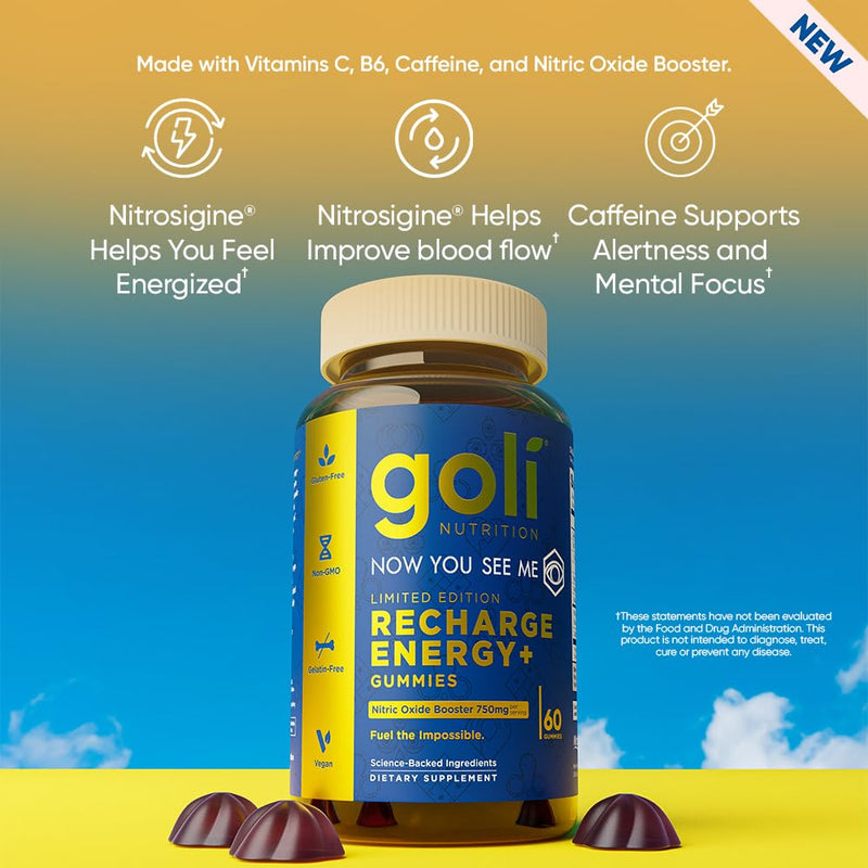 Goli Recharge Energy+ Gummies, Nitrosigine® Bonded Arginine Silicate, Vitamin C & Vitamin B6, 60 Gummies, Vegan, Non-GMO, Gluten-Free, Gelatin-Free