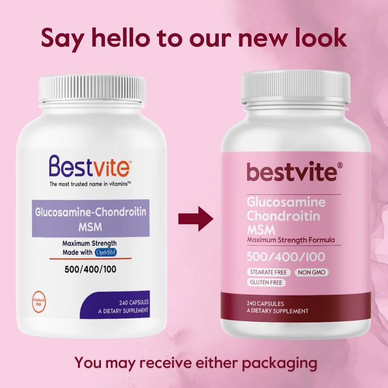 BESTVITE Glucosamine Chondroitin MSM 500/400/100 per Capsule (240 Caps) | With Patented OptiMSM - Maximum Strength Formula for Joint Support - No Stearates - Gluten Free - Non GMO 1 Count (Pack of 240)
