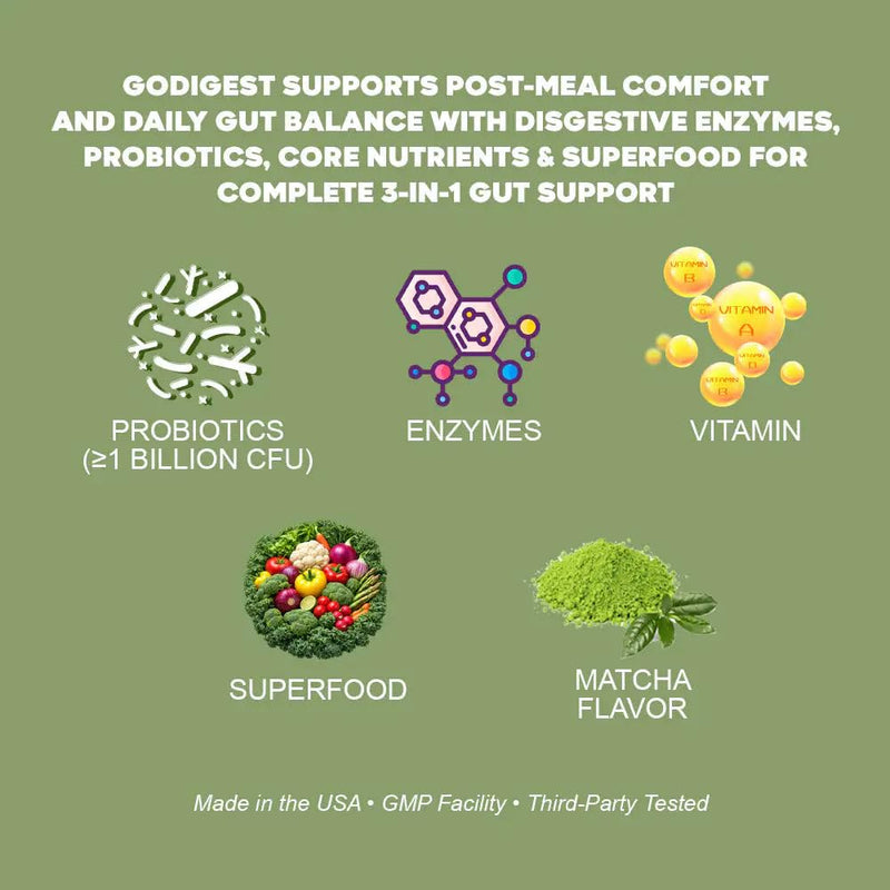 GoDigest Probiotics & Digestive Enzymes Gummies, Matcha, 60ct | Gut Health Support, Bloating Relief, Nutrient Absorption Support, Superfoods & Vitamins, Vegan