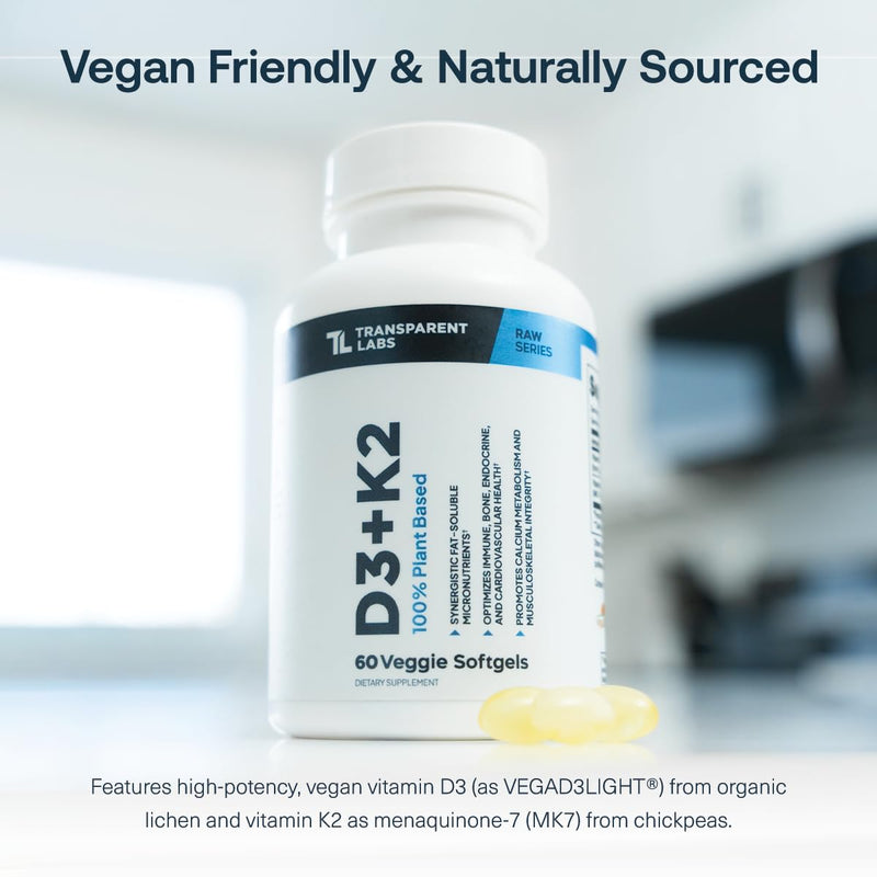 Transparent Labs Vitamin D3 K2 - Vitamin D & K2 Vitamin Supplement for Men & Women, Vegan-Friendly D3K2 5000 IU Supplements to Support Bone, Immune, and Overall Health - K2 D3 60 Capsules