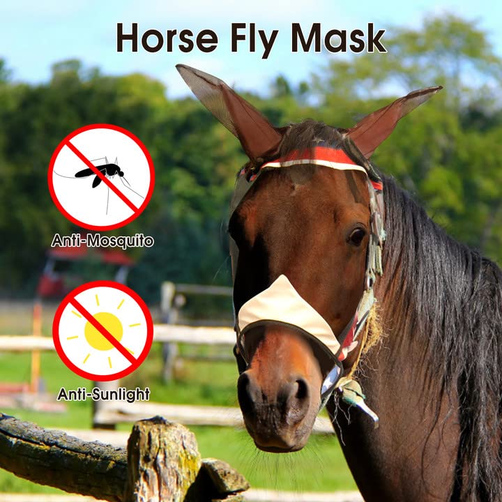 Horse Fly mask with UV Protection Soft on Skin and All-Round Breathable Mesh Non Heat Transferring,Adjustable Neck Straps（Tricolor, L - BeesActive Australia