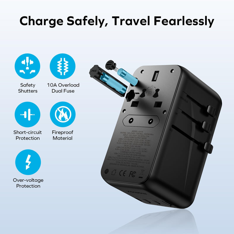 MOMAX 140W Universal Travel Adapter, GaN Technology, EU/UK/AUS/US/JP Worldwide, Fast Charging for iPhone, MacBook pro, Vision Pro, Charging Cable Included Black - BeesActive Australia