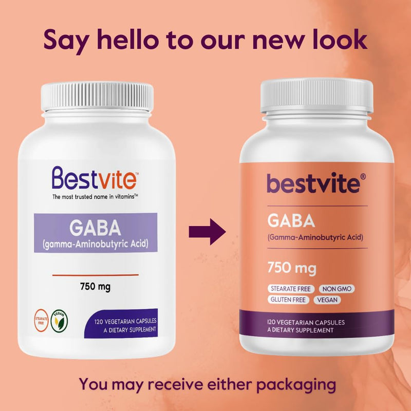 BESTVITE GABA 750mg per Capsule (120 Veg Caps) - No Fillers - No Stearates | Vegan - Gluten Free - Non GMO - Gamma-Aminobutyric Acid - Neurotransmitter Support* 1 Count (Pack of 120)