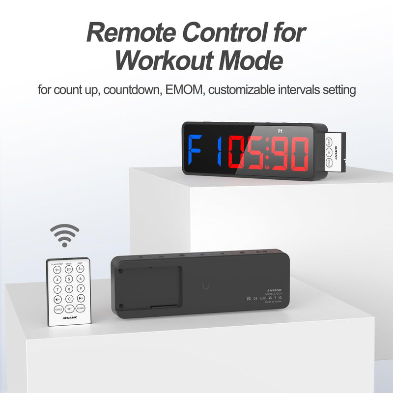 ANJANK Small Portable Gym Timer Clock, Strong Magnet, Workout Interval Timer with Powerful Battery, Stopwatch, Remote Control, Adjustable Brightness, Fitness Digital Timer for Home/Garage/Boxing Black