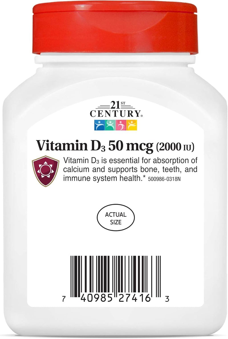 21st Century Vitamin D3 2000 IU Softgels, Bone & Immune, 250 Count | Vitamin D3 2000 IU Fast-Release Liquid Softgels, Bone Health, Immune Support & Calcium Absorption, Value 250-count Bottle Unflavored 250 Count (Pack of 1)