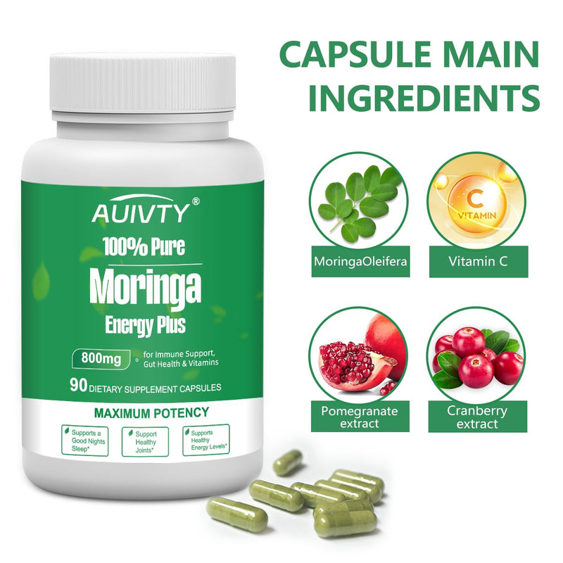 Moringa Capsules 800mg – 90 Vegan Capsules | Pure Moringa Leaf Powder Supplement for Natural Energy, Digestive Balance, Antioxidant & Daily Wellness | Non-GMO, Plant-Based, Made in USA