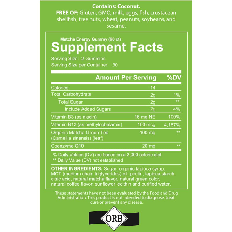 Matcha Green Tea Energy Gummies B12 CoQ10 60 Count | Vitamin B12 and B3, CoQ10, green tea extract, vegan, non GMO, gluten free, Kosher certified, energy and metabolism support Matcha 60 Count (Pack of 1)