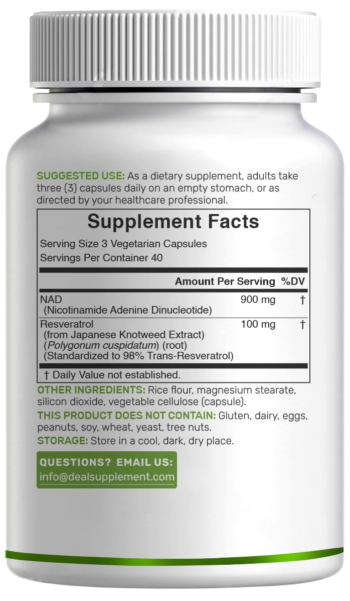 NAD+ Resveratrol Supplement 1,000mg Per Serving, 120 Veggie Capsules | 2-in-1 Extra Strength NMN Supplement Alternative | NAD Supplements for Women & Men | Non-GMO, Gluten Free