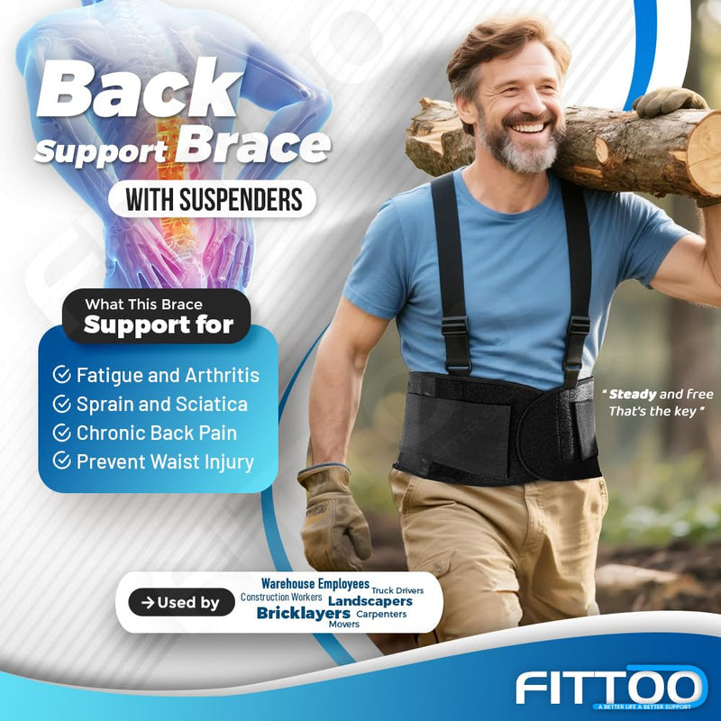 FITTOO Working Lumbar Lower Back Brace Support Belt with Adjustable Straps - Back Pain Relief, Injury Recovery, Heavy Lifting Support, Back Brace with Suspenders Black X-Large (Pack of 1)
