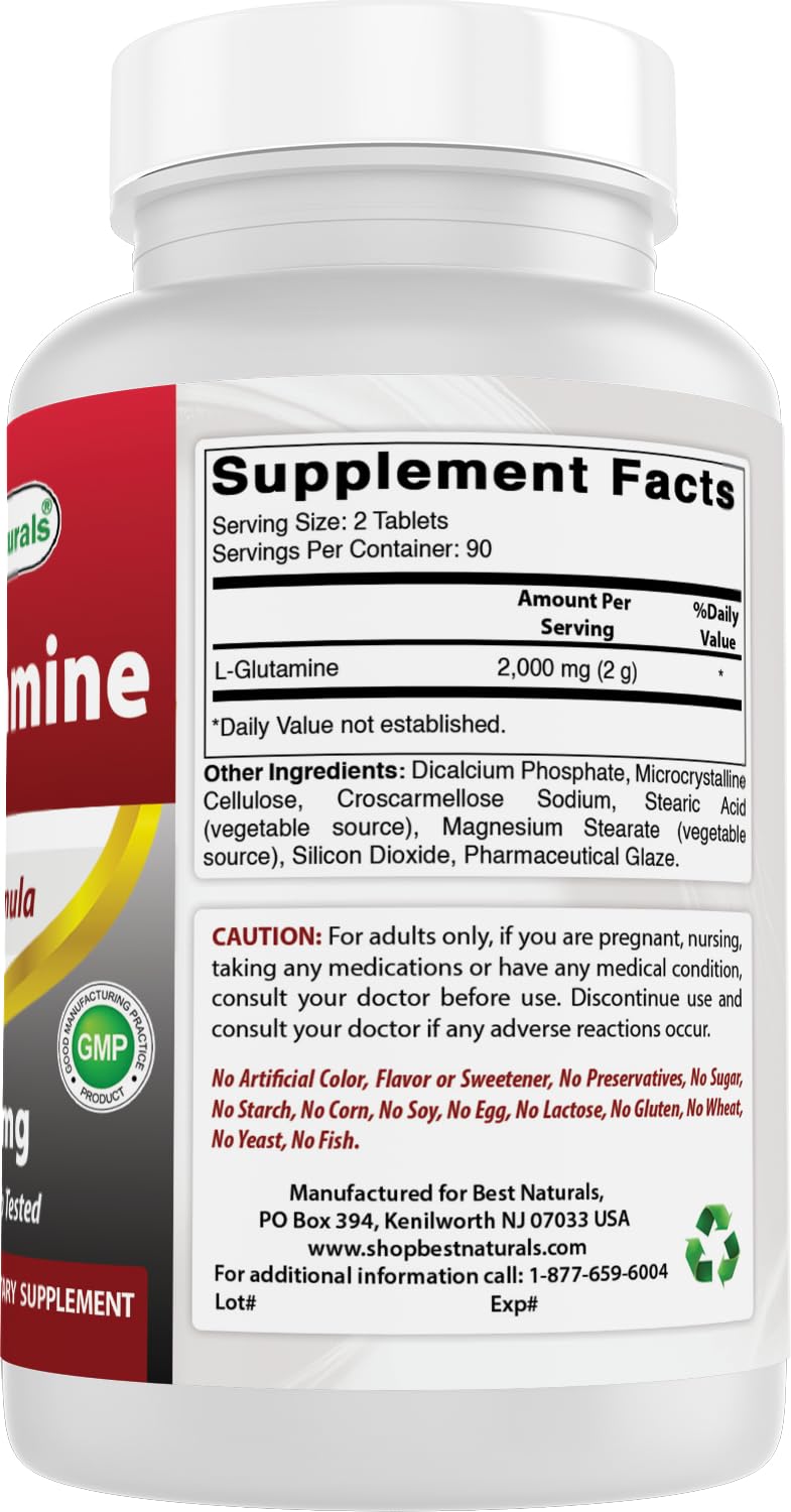 Best Naturals L-Glutamine 1000 mg 180 Tablets (180 Count (Pack of 2)) 180 Count (Pack of 2)