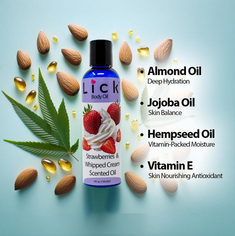 LICK Strawberries & Whipped Cream Scented Body Oil – Non-Greasy Daily Hydration with Almond Oil & Vitamin E – 4 oz